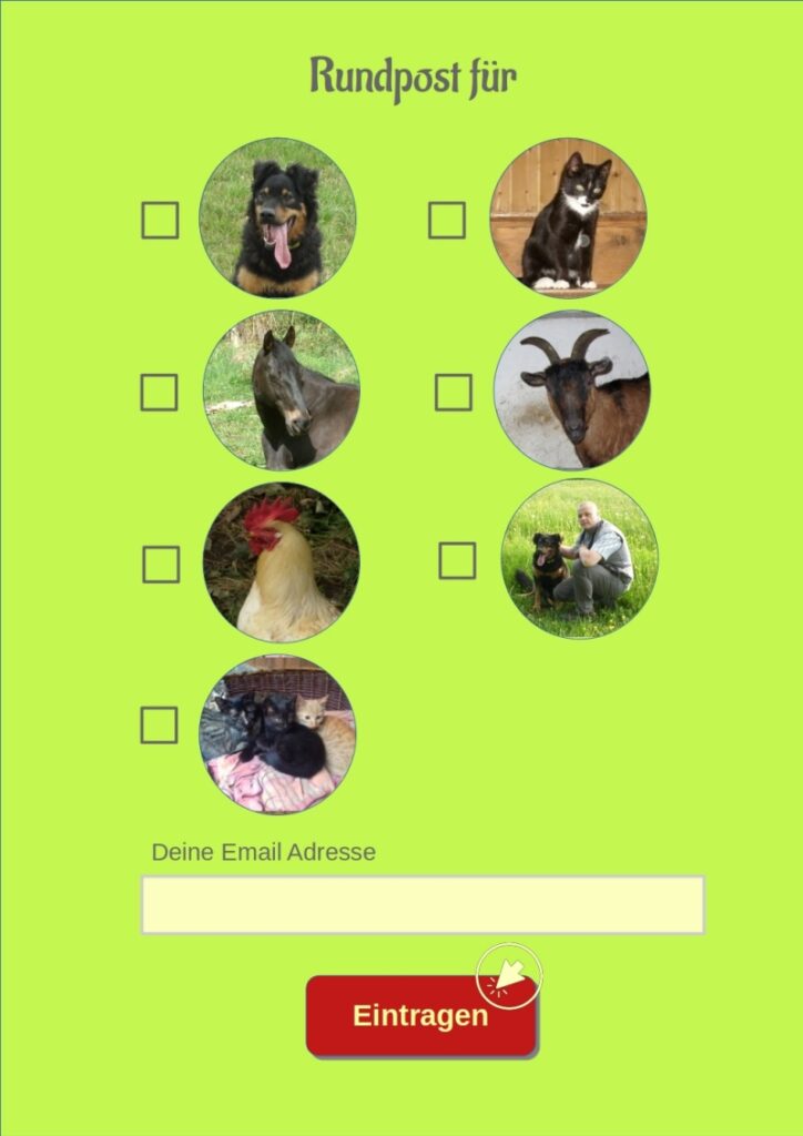 Gemeinsam den Naturweg finden 6 Bild des Newsletterformulars mit Auswahl der Rundpost für Hunde, Katzen, Pferde, Ziegen, Hühner, Tierbesitzer und Tiervermittlung Naturbelassen
